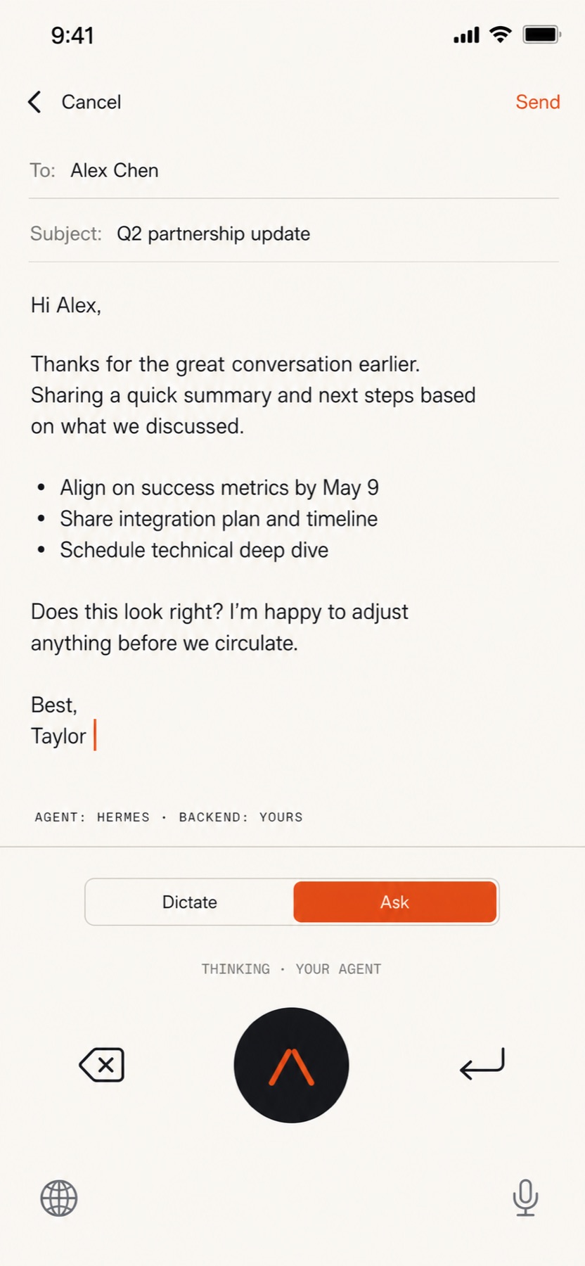 Caret in Ask mode on iPhone: an agent has drafted an email reply at the cursor, waiting for the user to send it