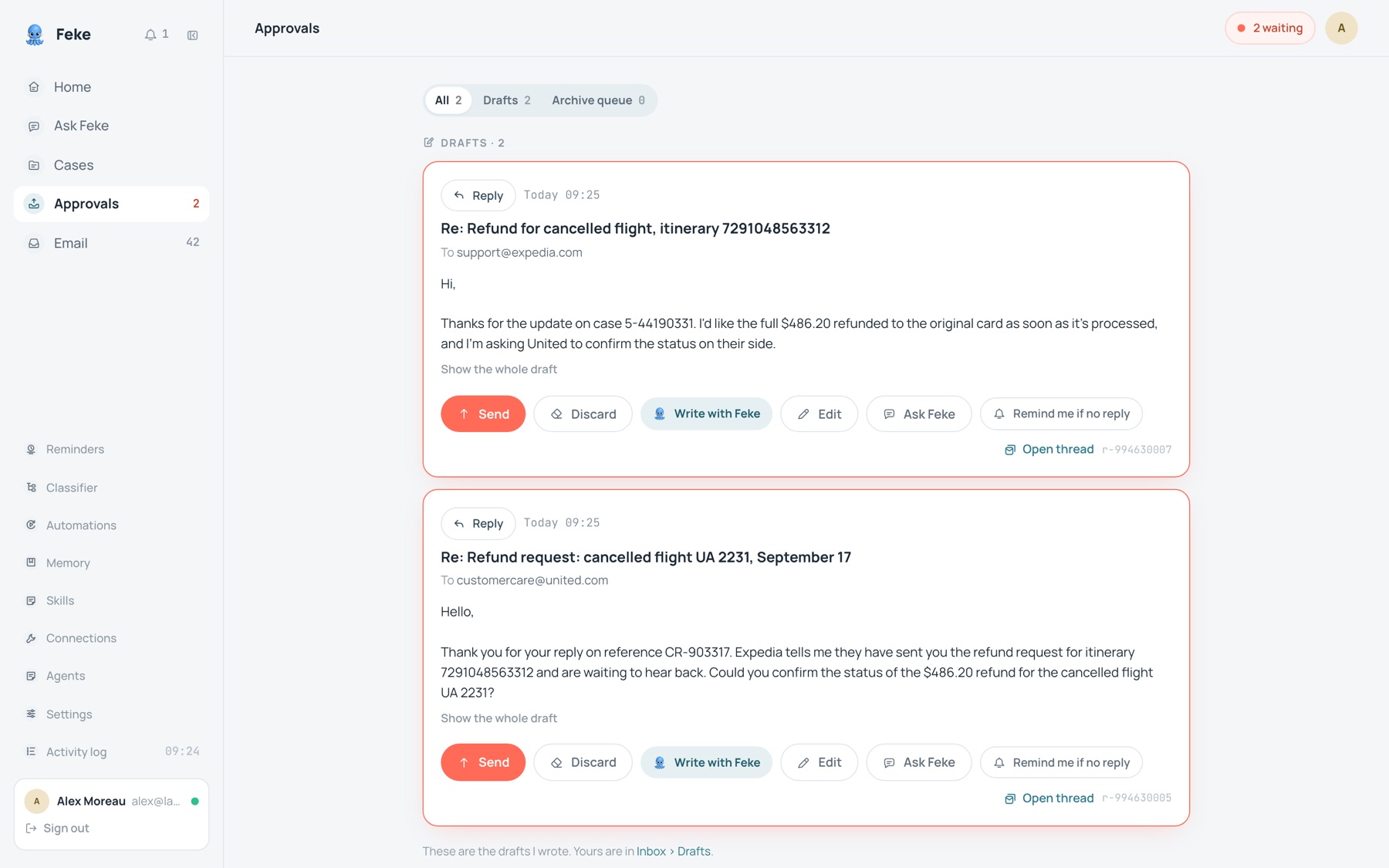 Feke's Approvals screen on the web: two drafted replies about flight refunds waiting for a signature, each with Send, Discard and Edit buttons