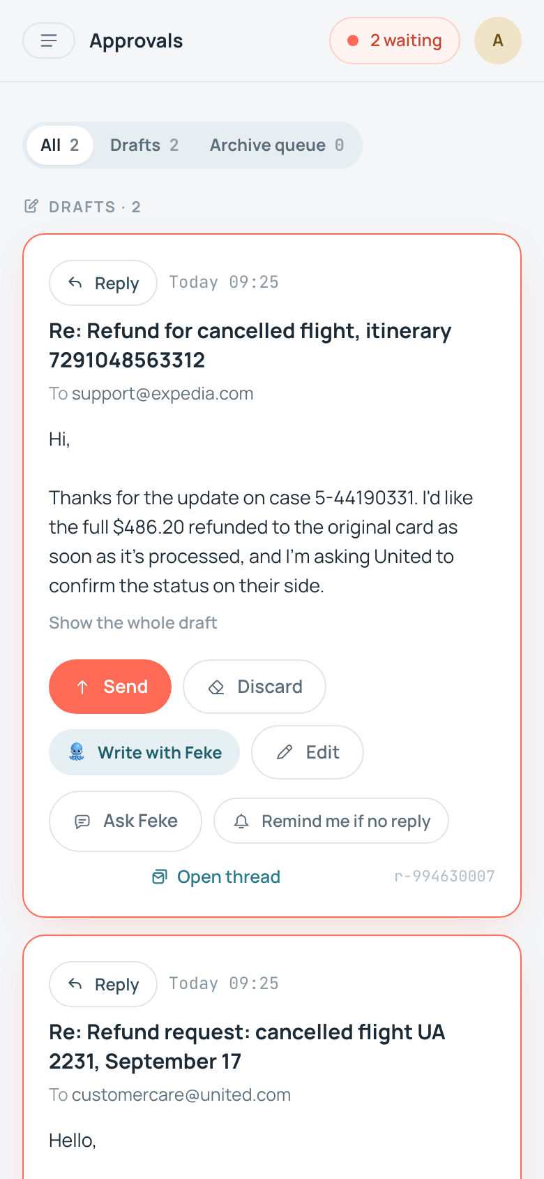 Feke's Approvals screen on iPhone, showing a drafted reply waiting to be sent
