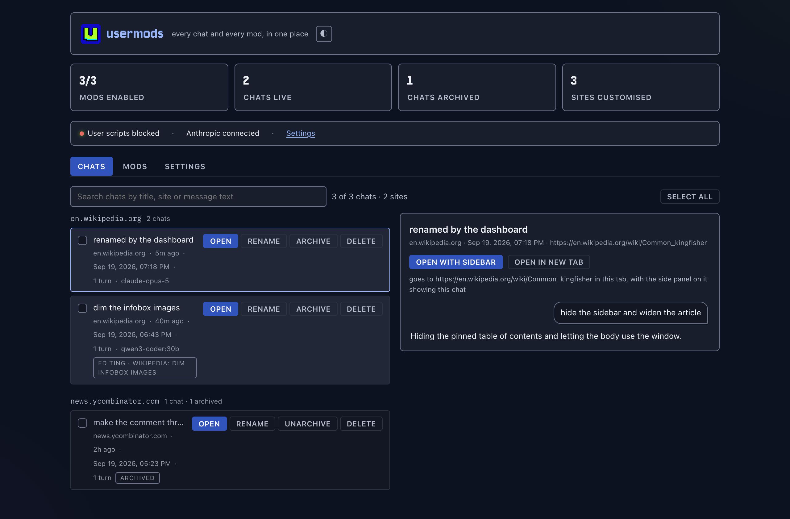 The usermods dashboard: chats and saved mods grouped by site, with Open, Rename, Archive and Delete actions